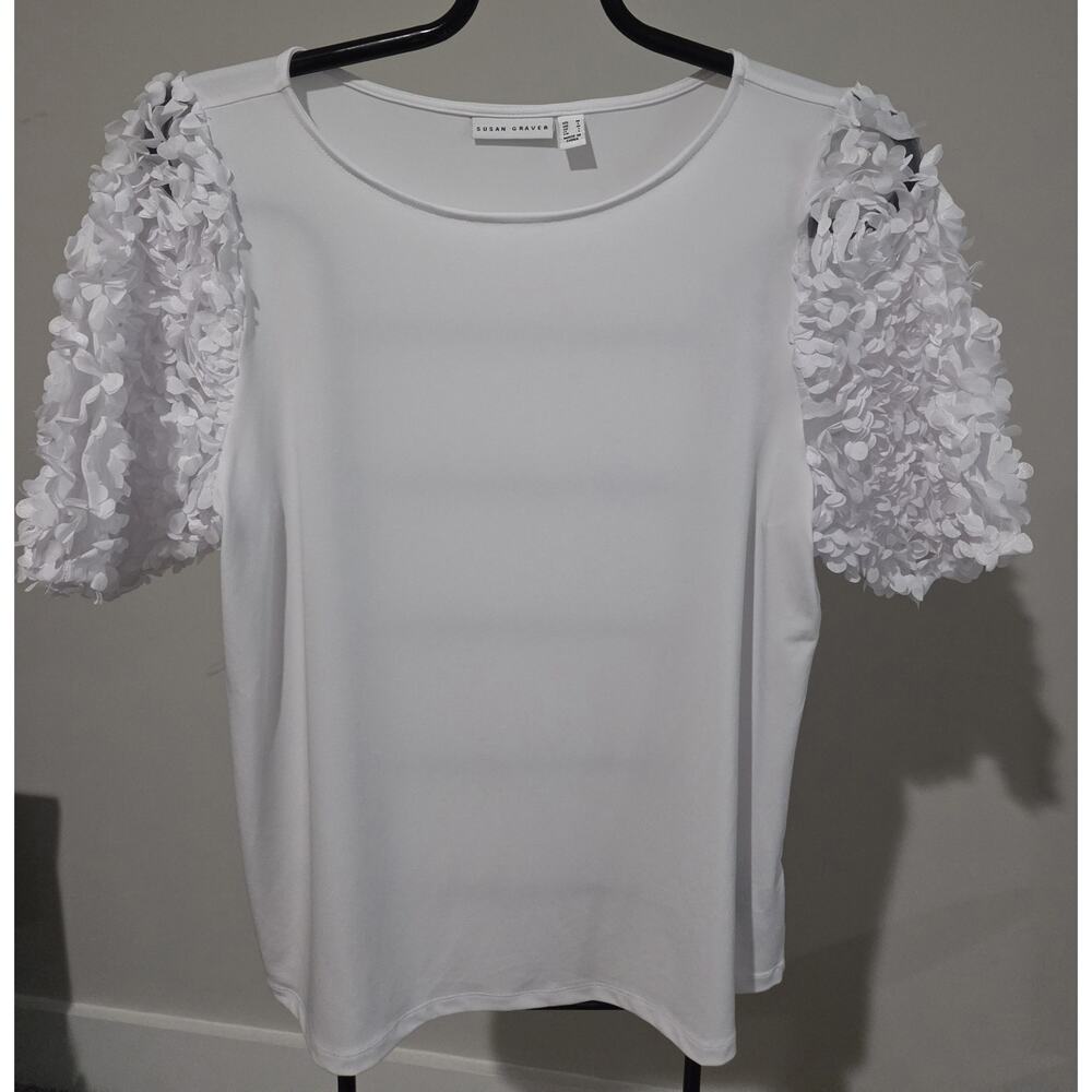 Susan Graver Liquid Knit Top Novelty Elbow Sleeves Size Med White A717829 Nwot View 2